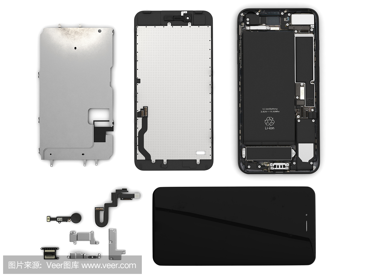 平板铺设的智能手机组件上的白色背景俯视图3d插图